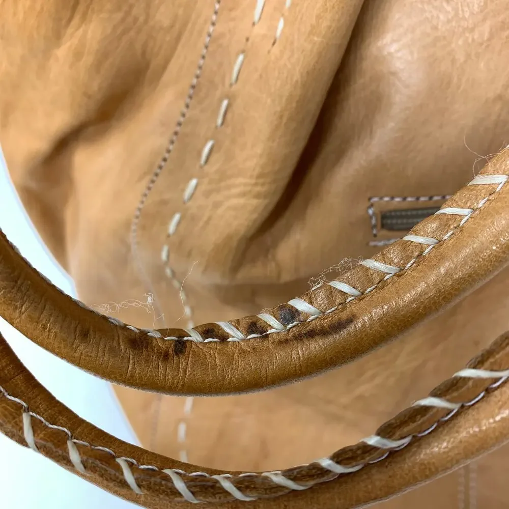 Elegantria Leather Tote Bag Tan Whipstitch Details